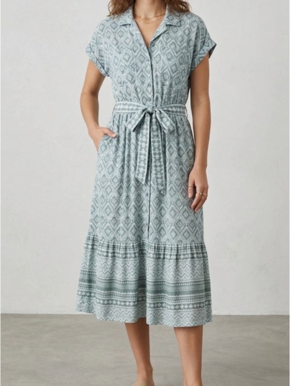 Light Blue Patterned Tie-Waist Midi Dress
